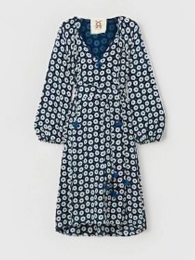 Figue Vivian Silk Dot Print Dress XS Blue White Midi Tassel No Belt Evil Eye
